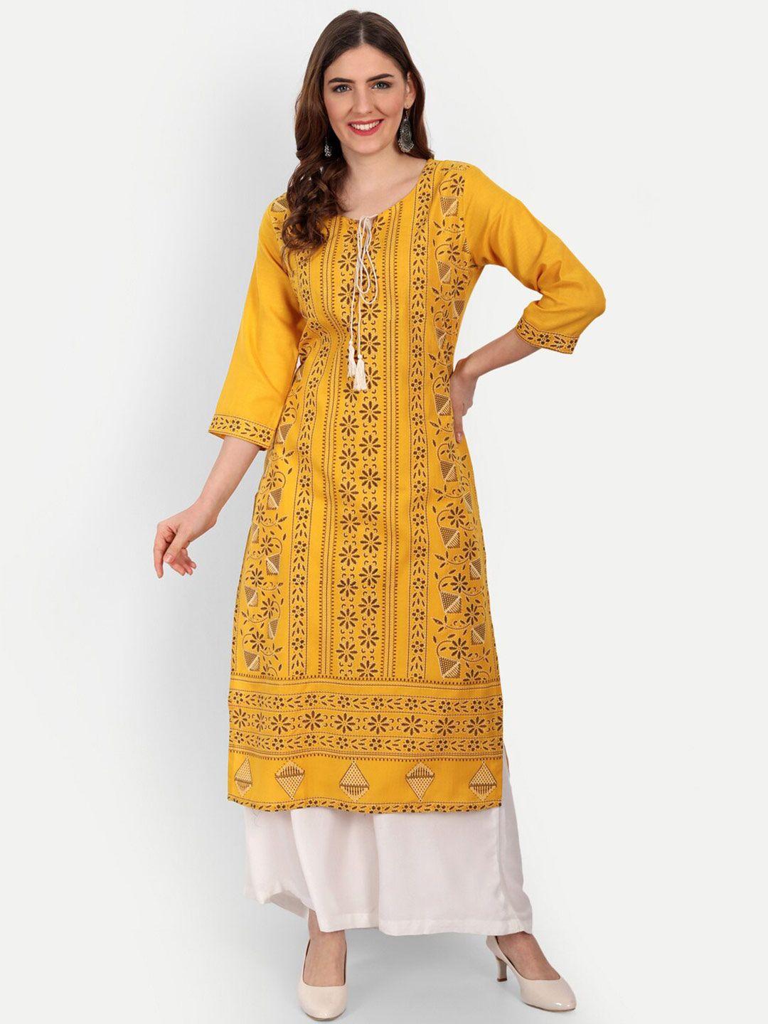 happy design women yellow floral printed kurta