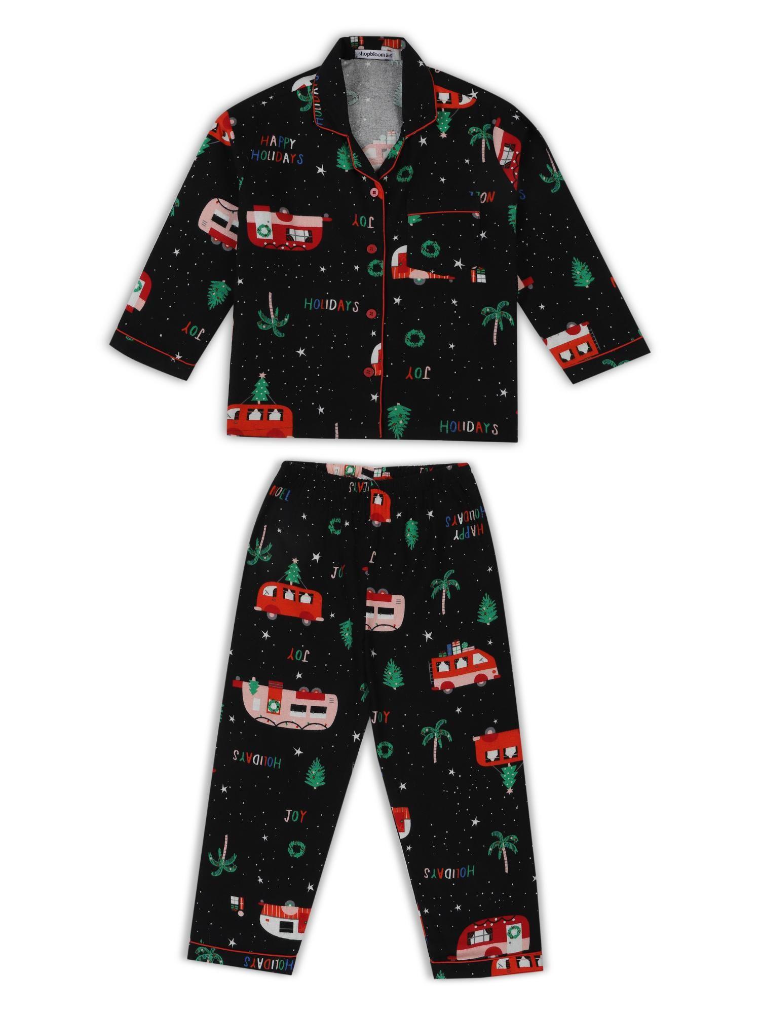 happy holidays print cotton flannel long sleeve kids night suit (set of 2)