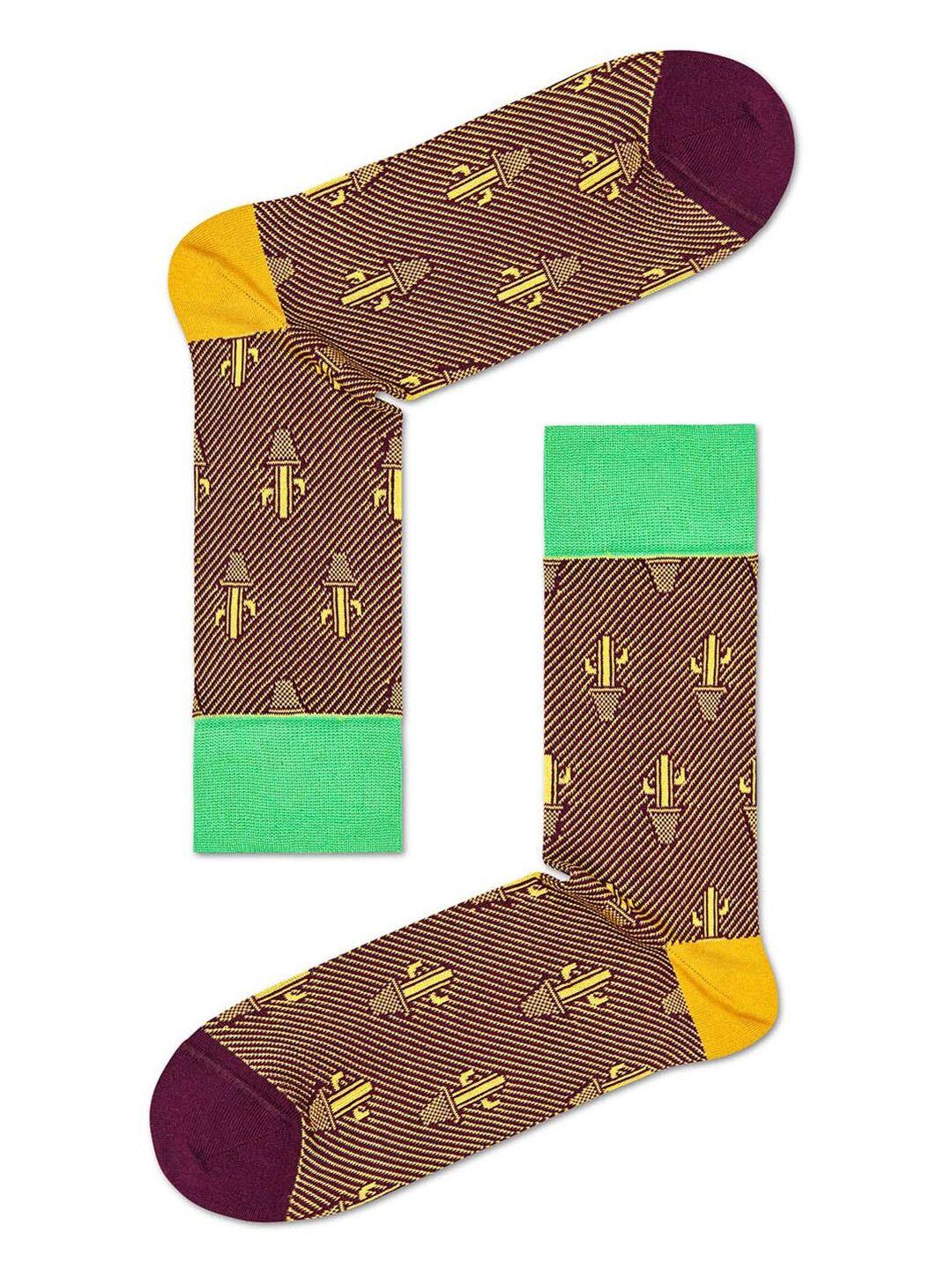 happy socks brown & green patterned cotton above ankle-length socks