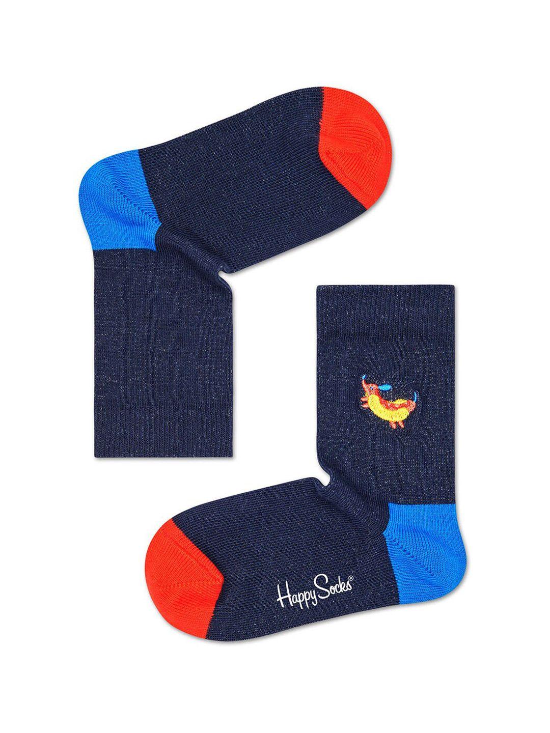 happy socks kids blue & orange hot dog embroidery patterned above ankle-length socks