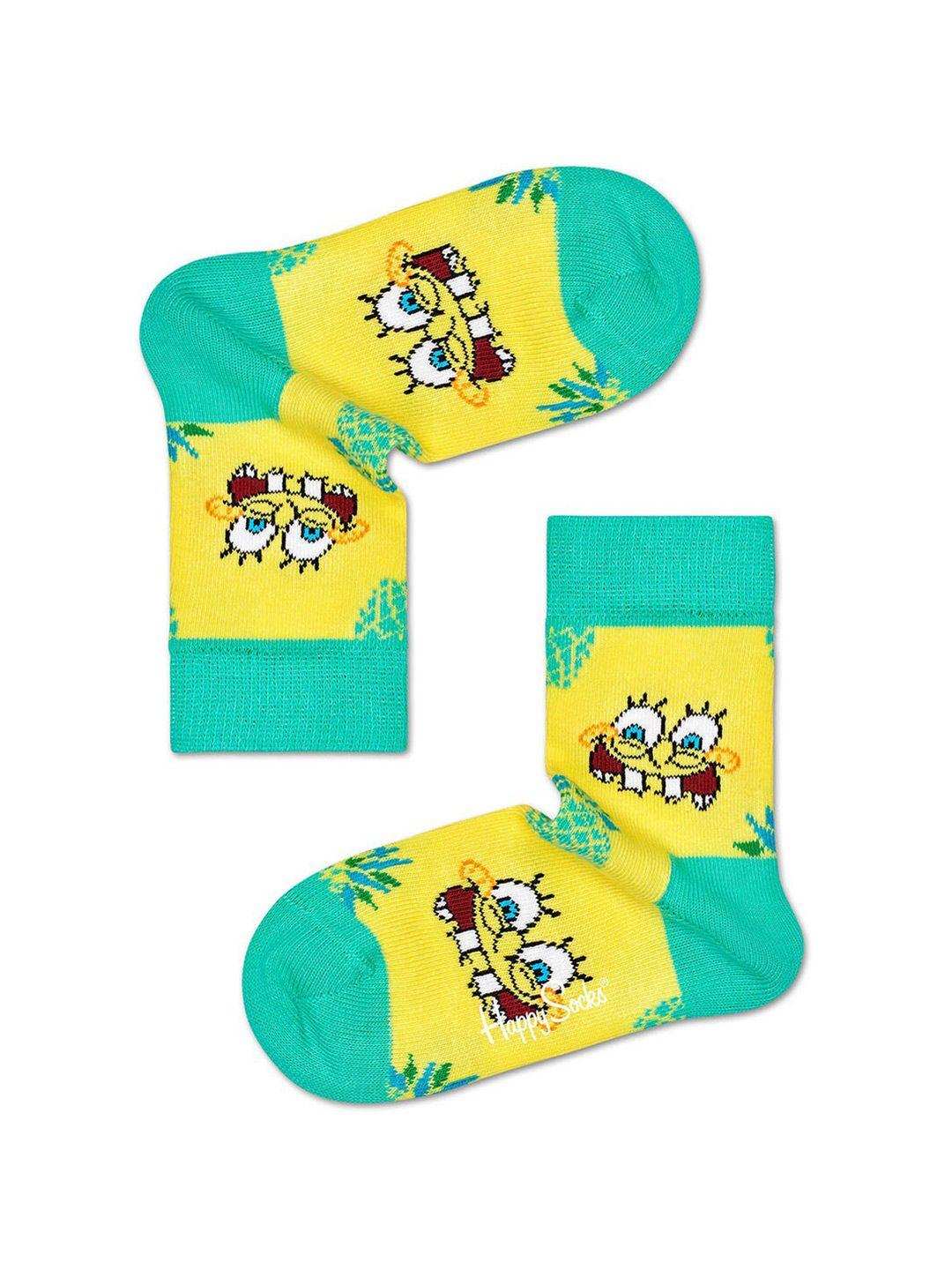 happy socks kids yellow & sea-green sponge bob patterned ankle-length socks