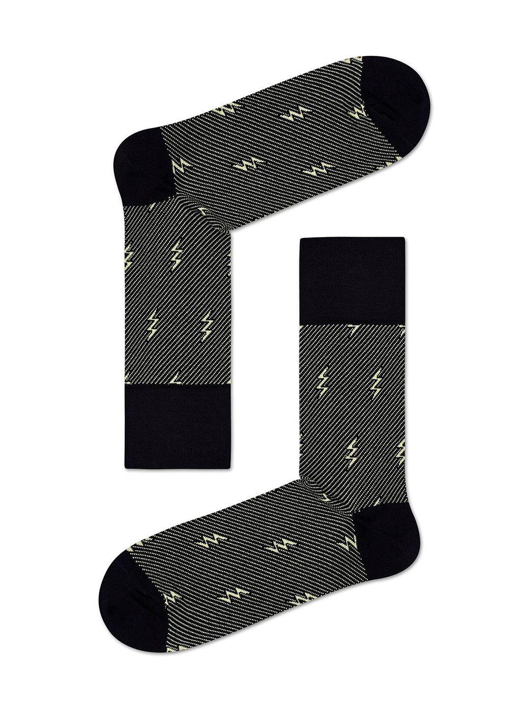 happy socks men black & cream-coloured patterned above ankle-length socks