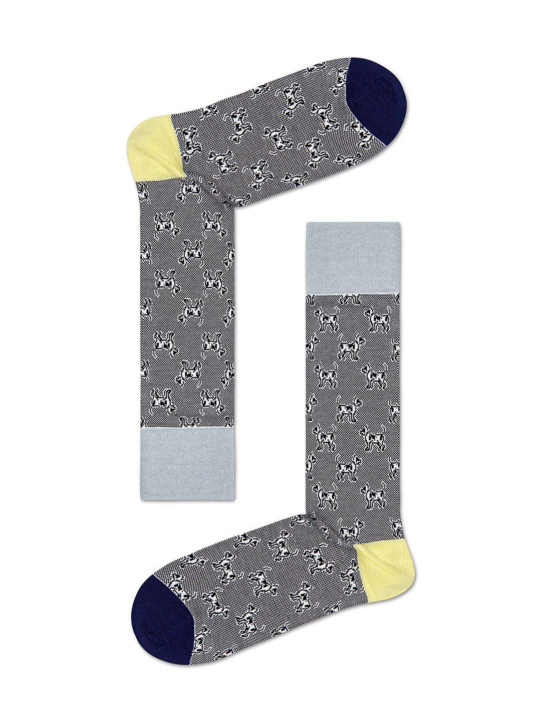 happy socks men grey & navy blue patterned dressed laika above ankle-length socks