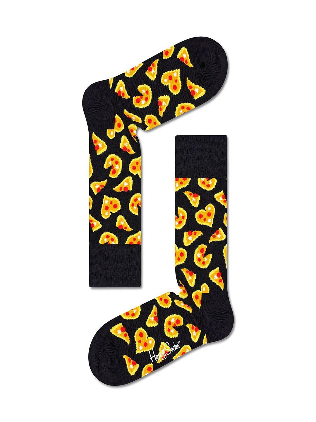 happy socks unisex black & yellow patterned cotton calf-length socks