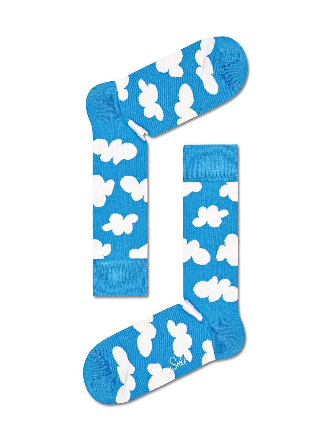 happy socks unisex blue & white patterned cotton calf length socks