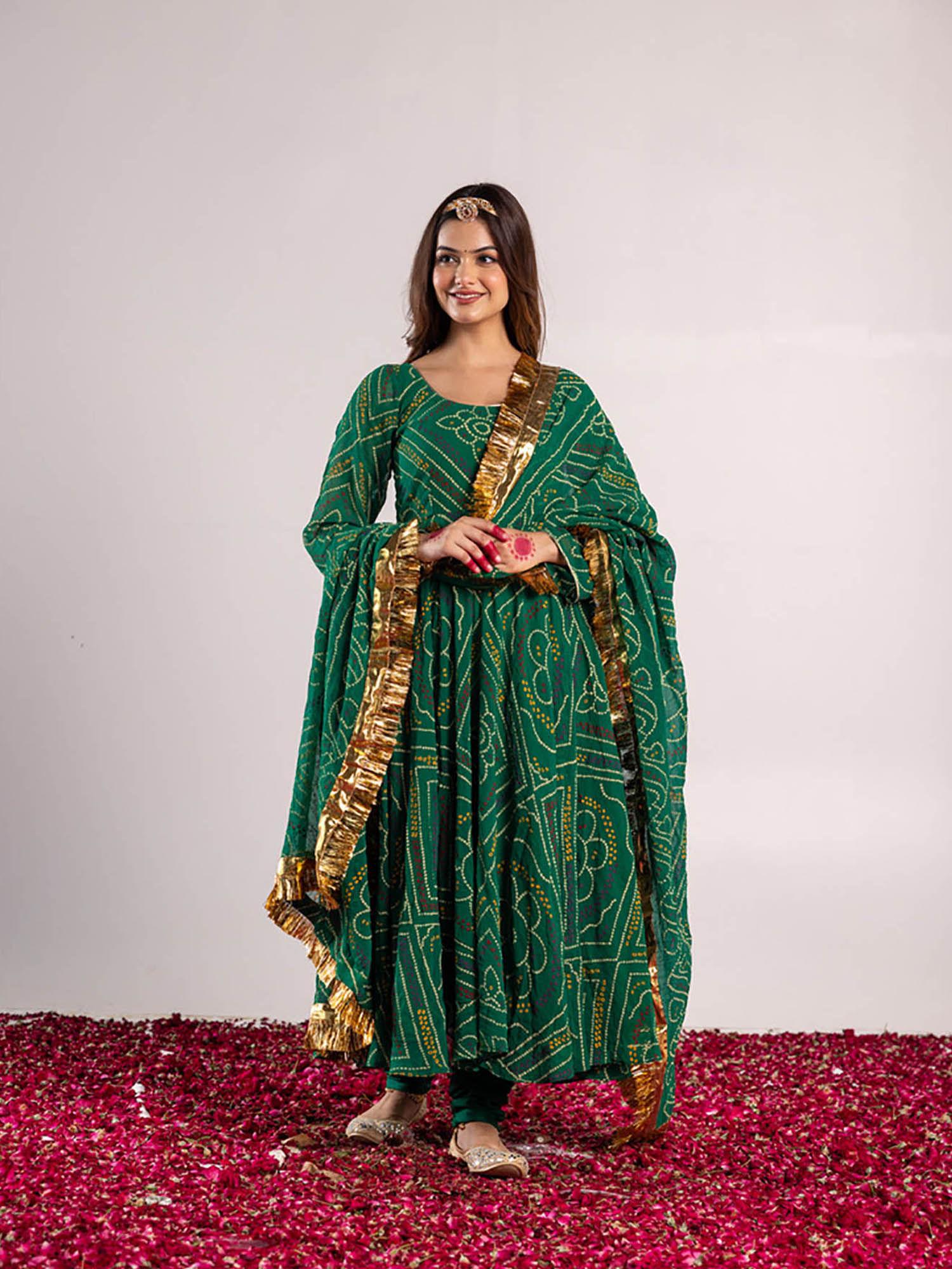 hara bandhej anarkali green (set of 3)