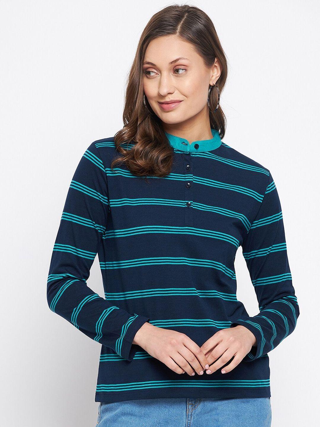 harbor n bay women navy blue & sea green striped polo collar t-shirt