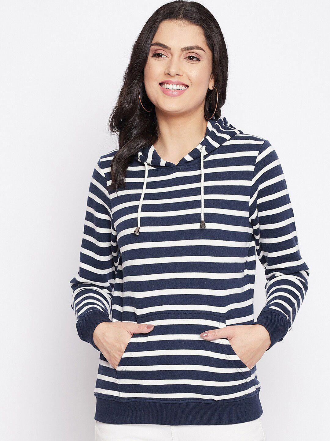 harbor n bay women navy blue striped cotton hooded sweatshirt