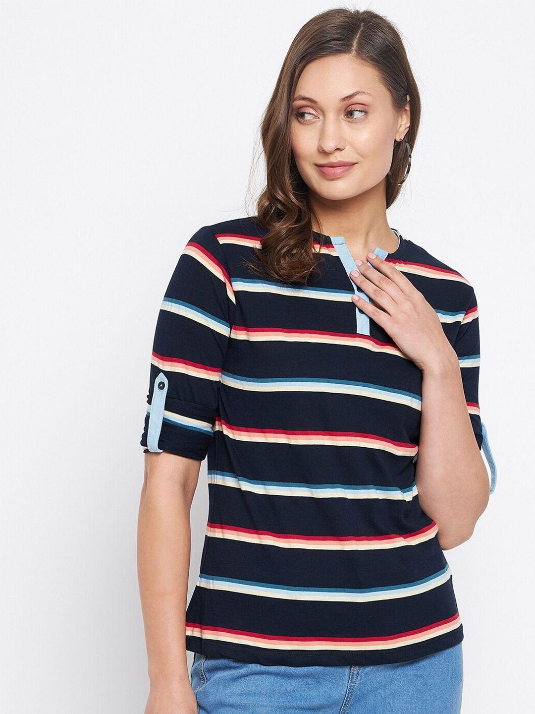 harbornbay women navy blue striped henley neck t-shirt