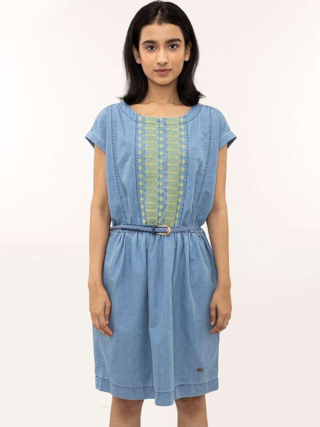 harbour 9 cap sleeves embroidered detail a-line dress