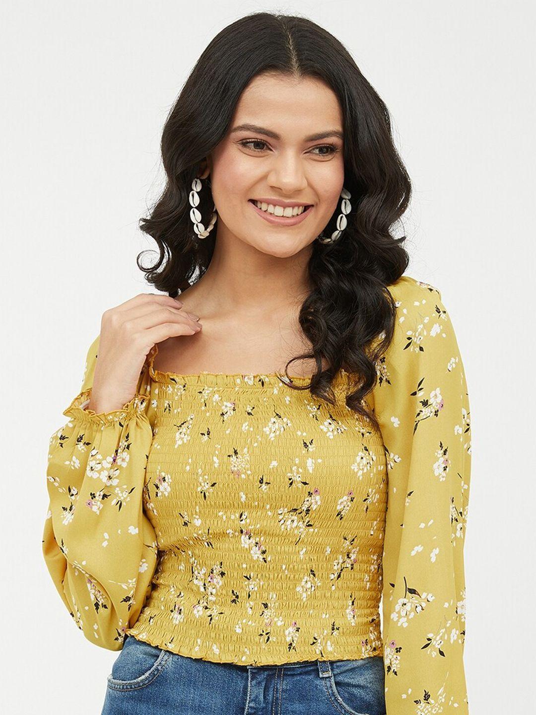 harpa mustard & white floral bell sleeve fitted top
