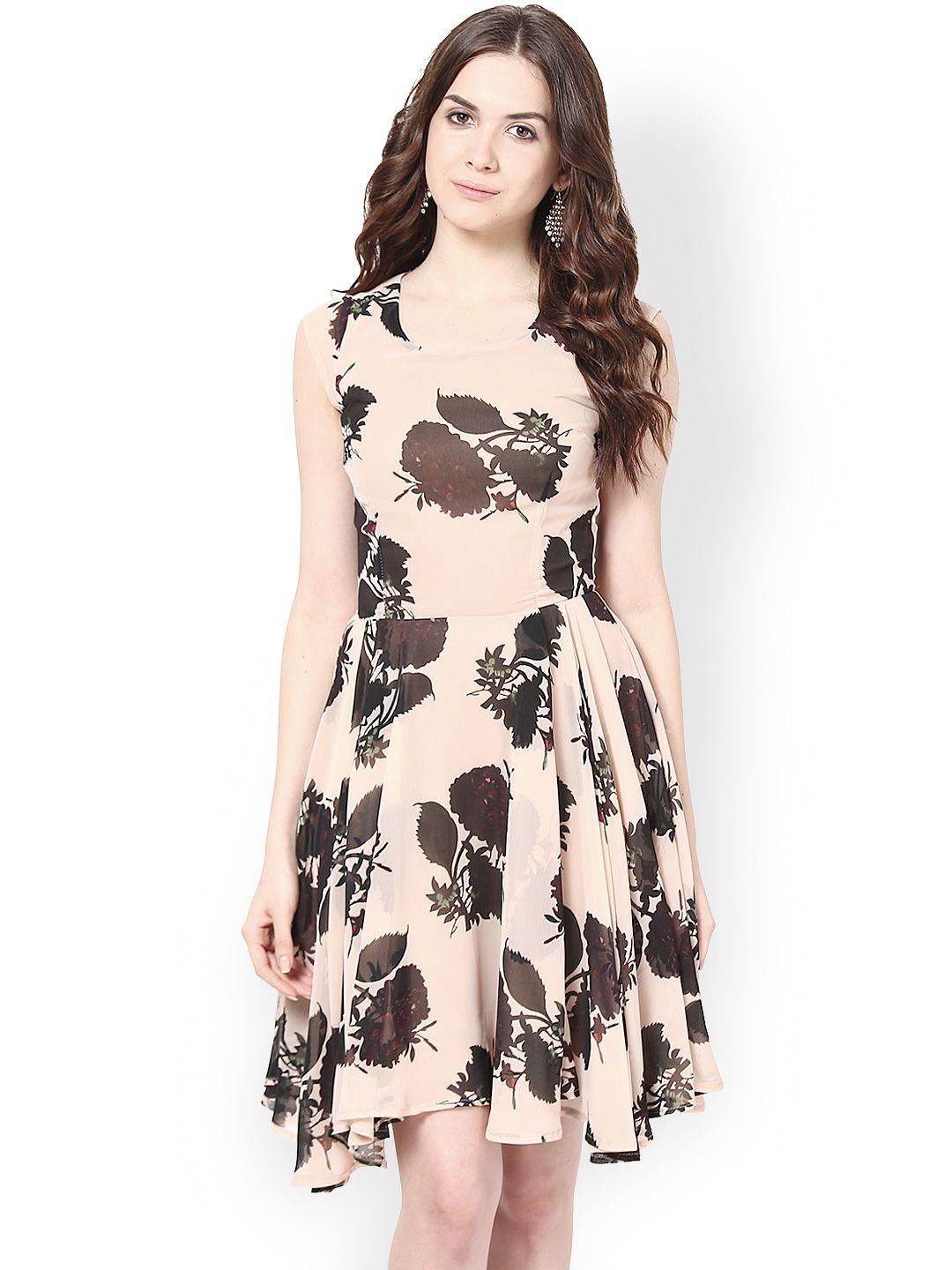 harpa peach-coloured & brown printed fit & flare dress