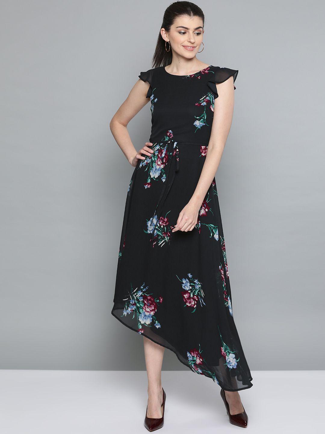 harpa women black & burgundy floral printed maxi dress