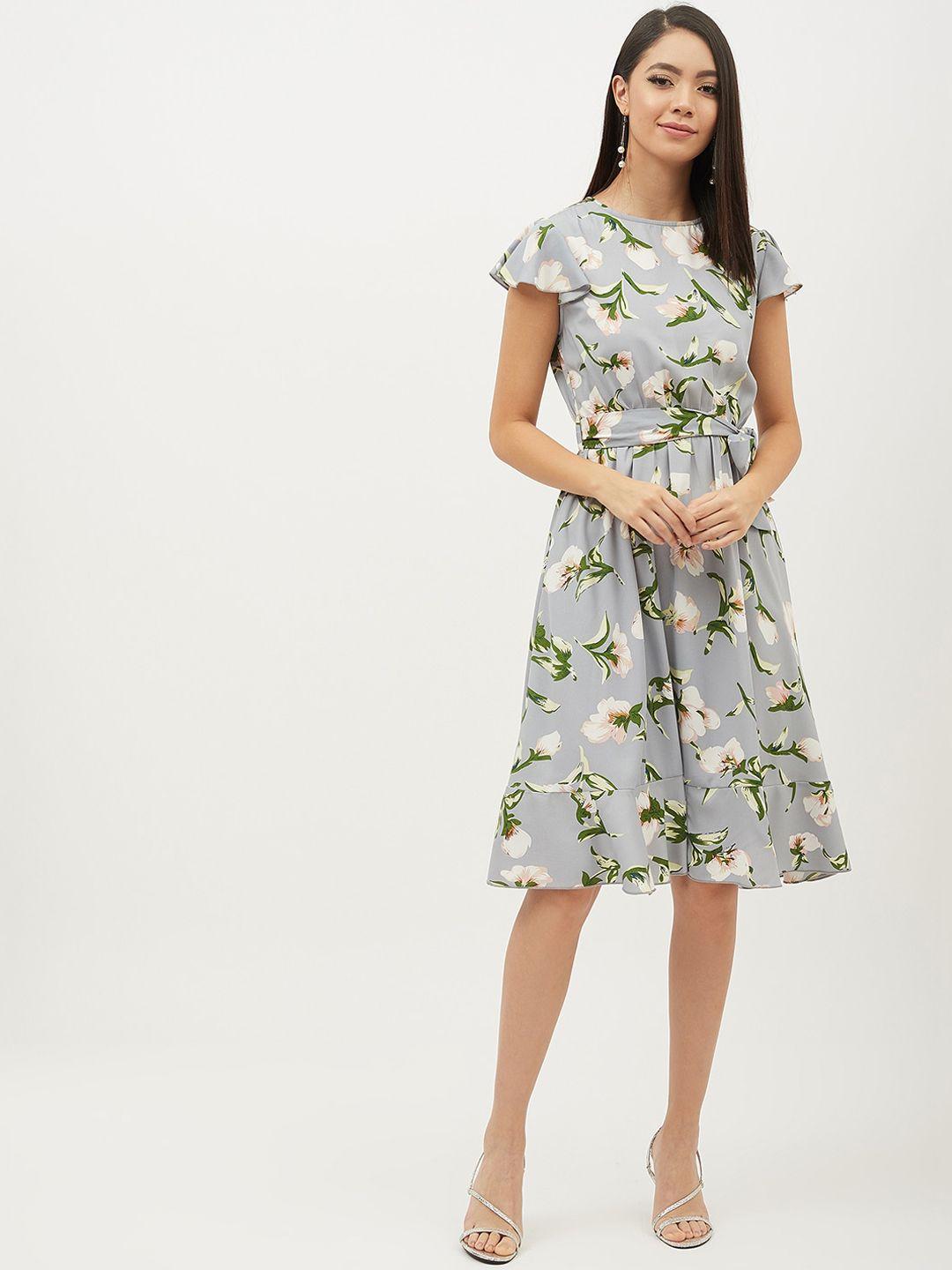 harpa women grey & green floral printed a-line dress