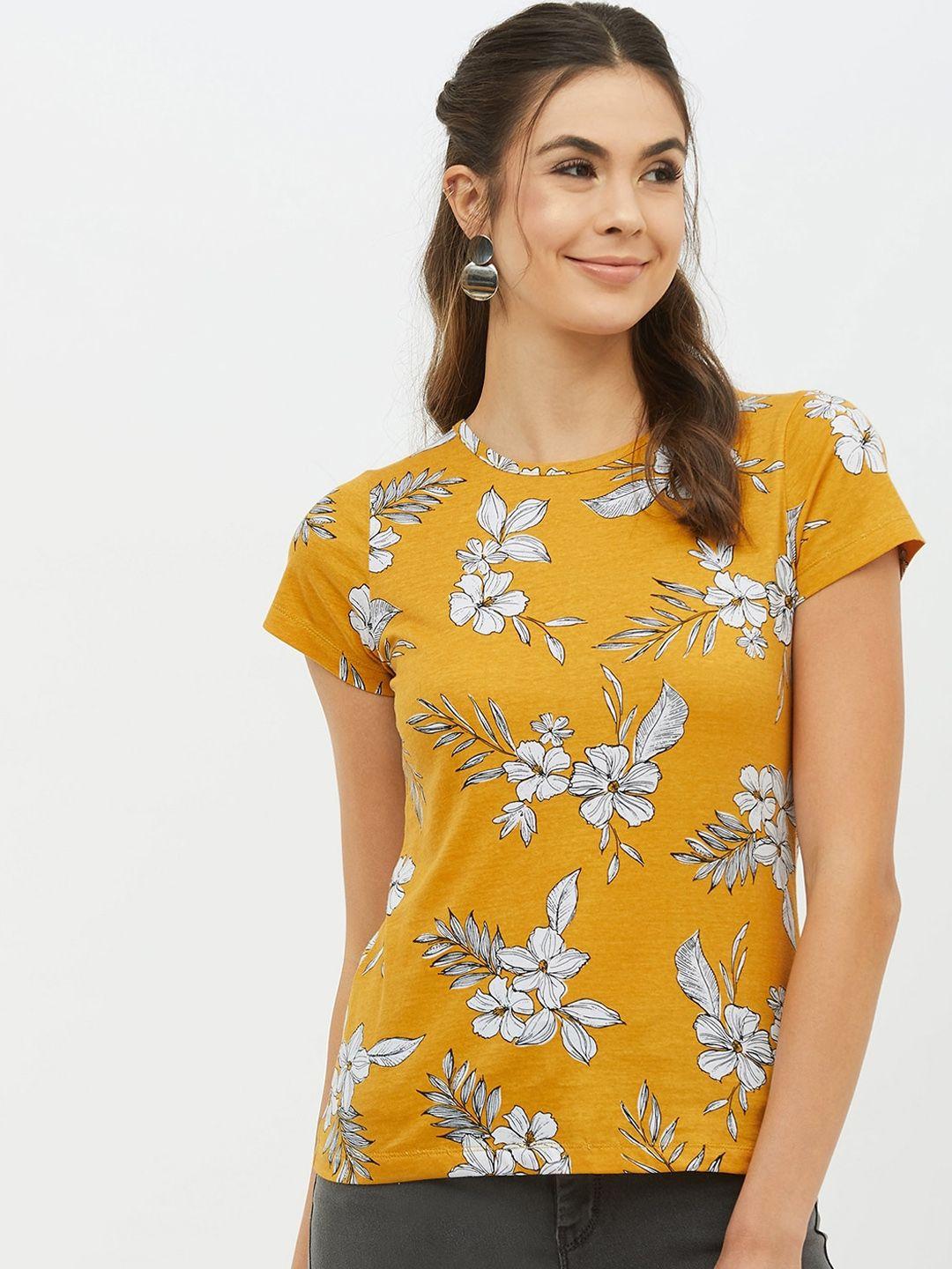 harpa-women-mustard-printed-round-neck-t-shirt