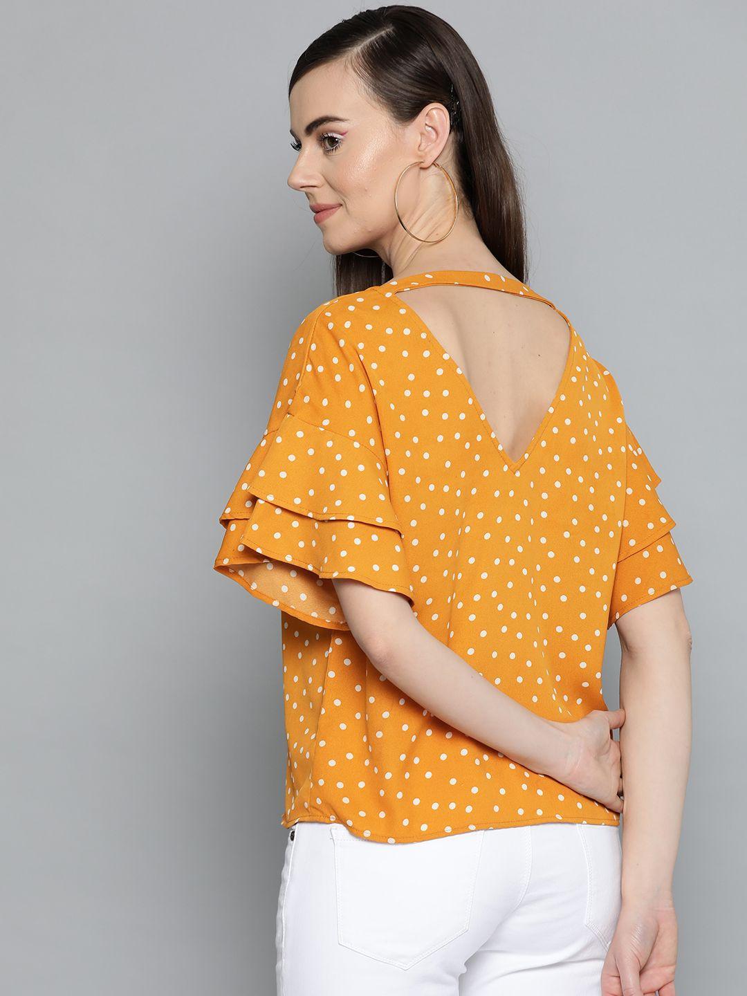 harpa women mustard yellow & white polka dot print styled back top