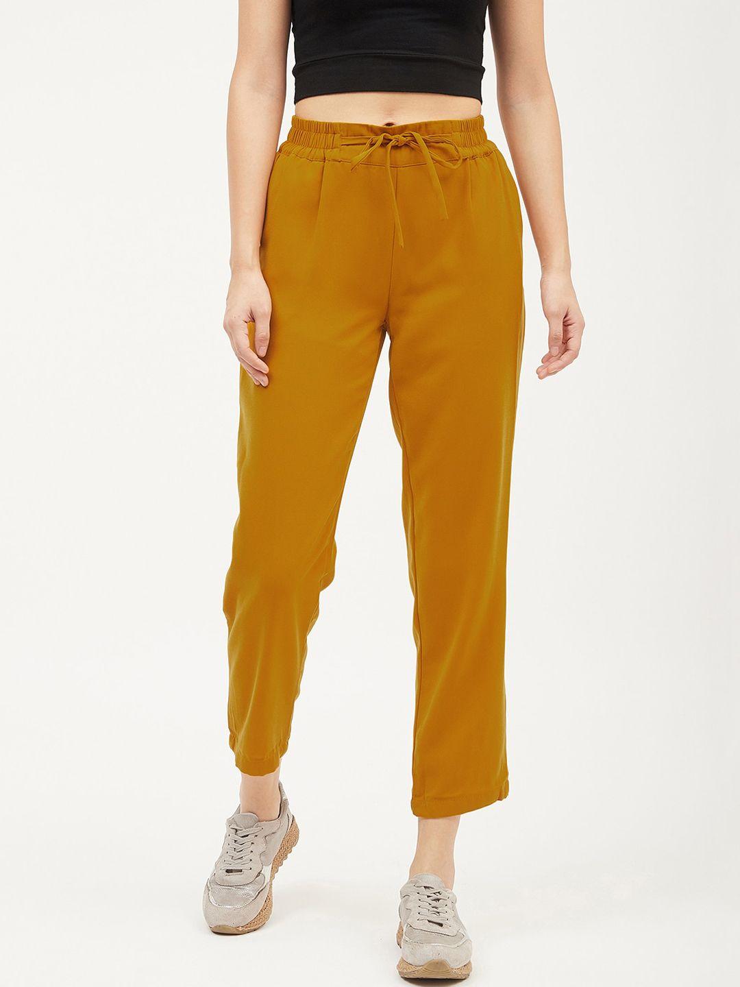harpa women mustard yellow smart fit solid regular trousers