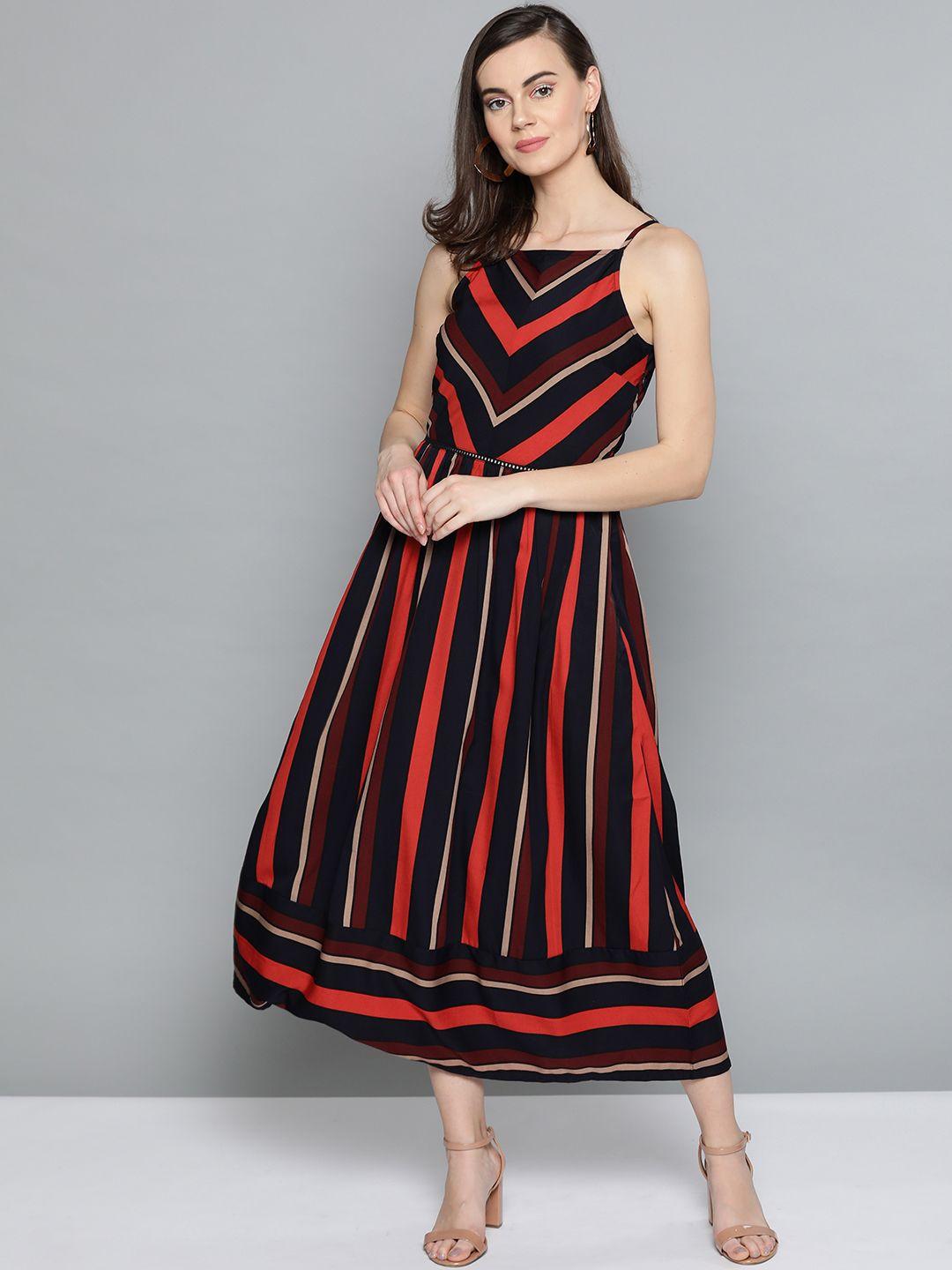 harpa women navy blue & red striped a-line dress