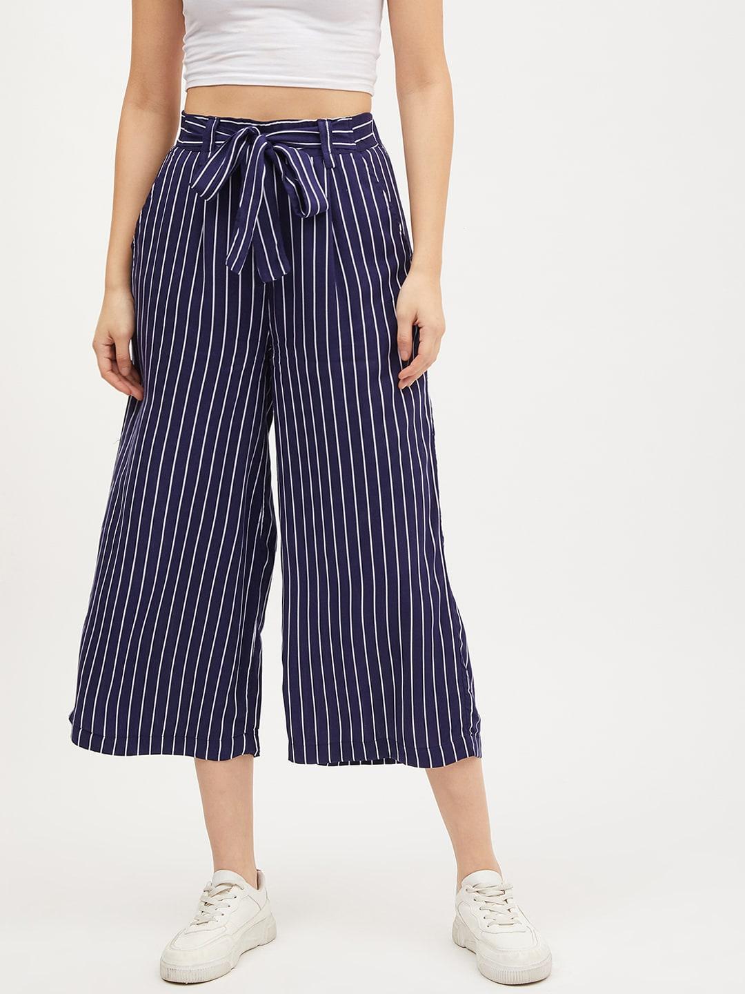 harpa women navy blue & white smart regular fit striped culottes