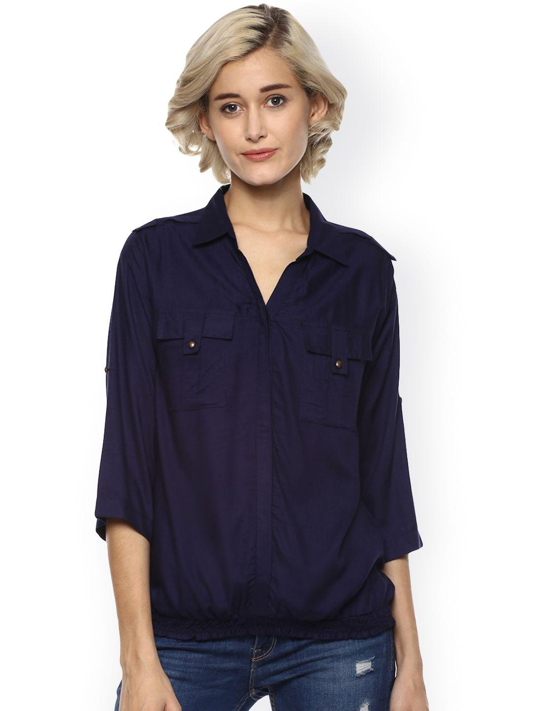 harpa women navy blue solid shirt-style top
