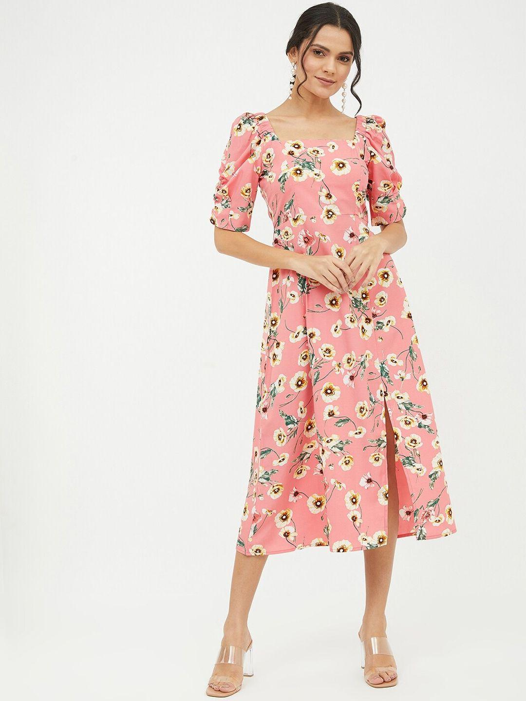 harpa women pink & off-white floral printed midi-length a-line dress
