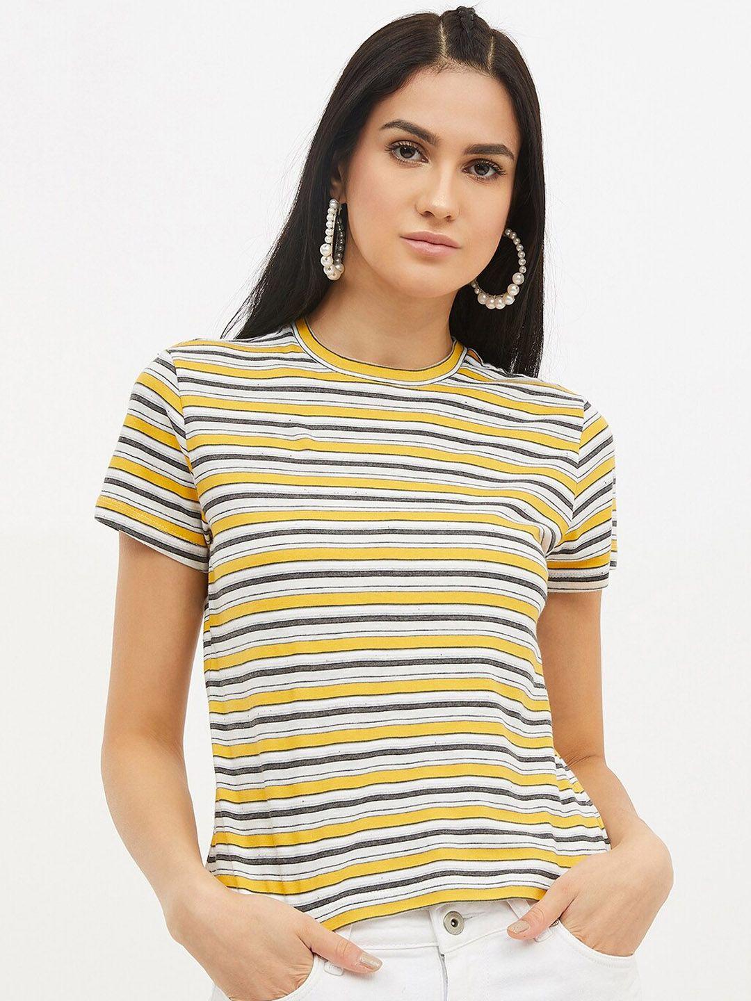 harpa women yellow  grey striped round neck pure cotton t-shirt