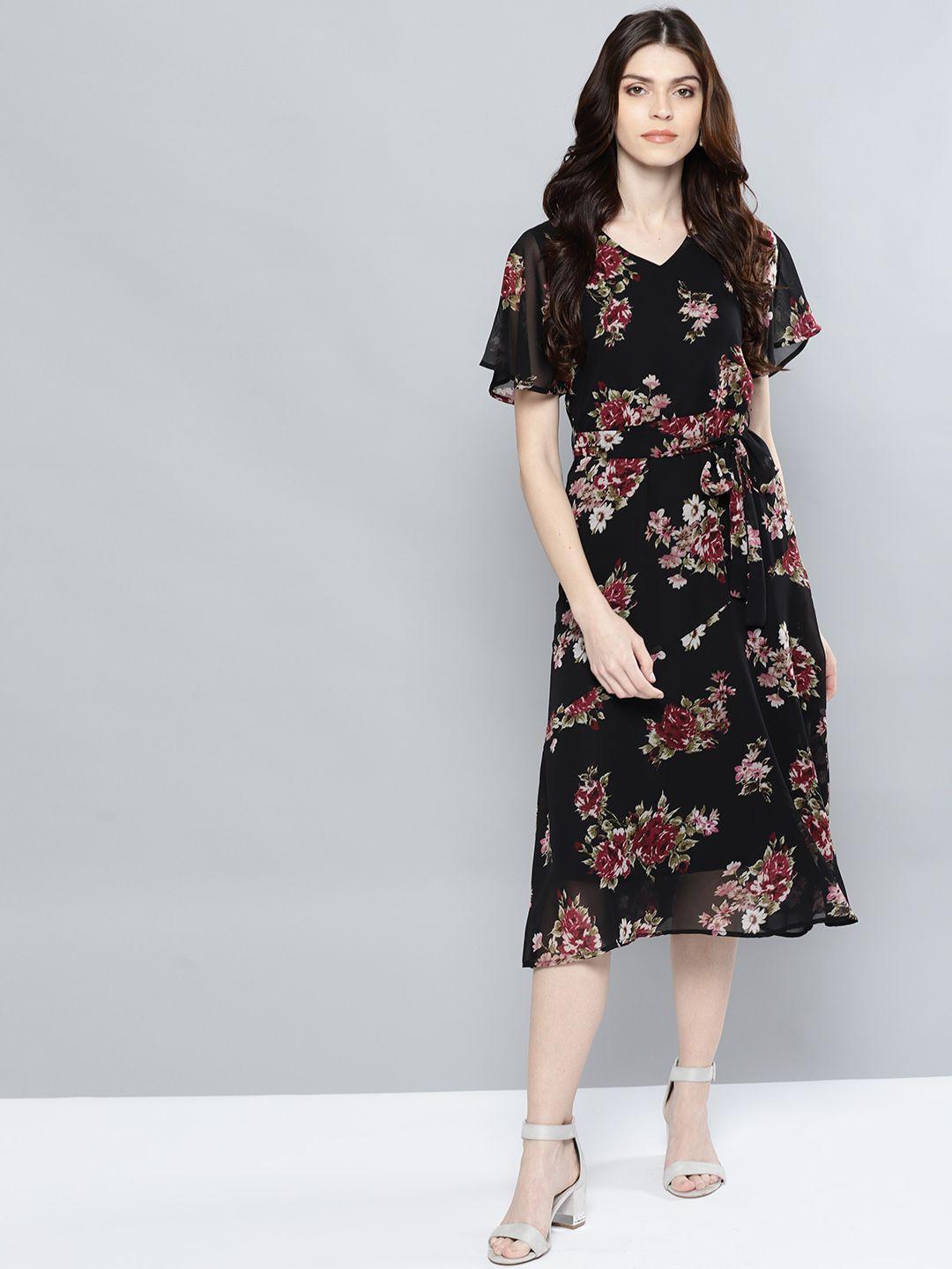 harpa black & burgundy floral printed midi fit & flare dress