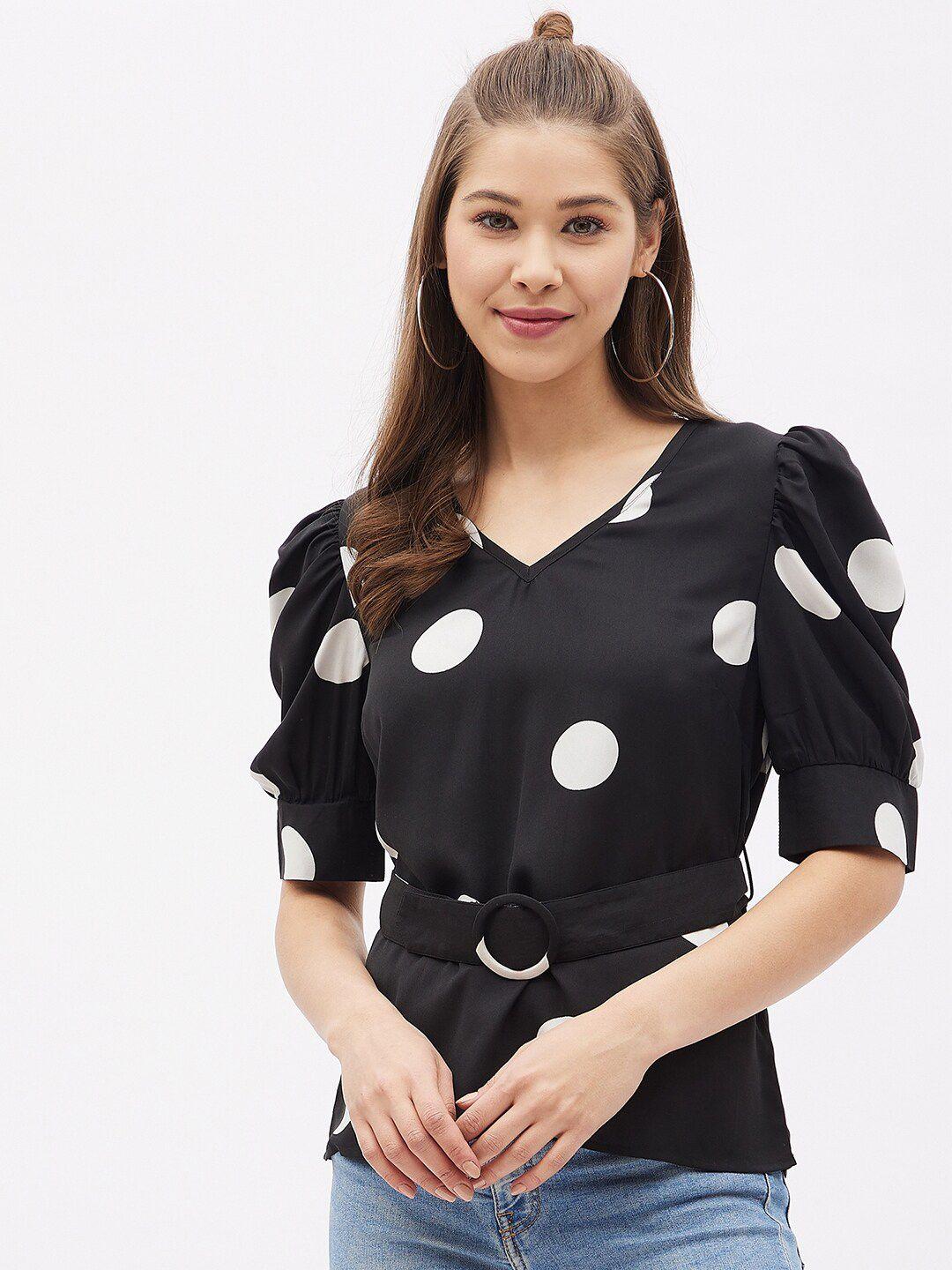 harpa black & white polka dots print cinched waist top