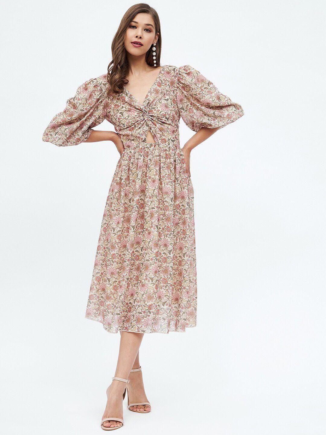 harpa floral printed flared sleeve georgette fit and flare dress