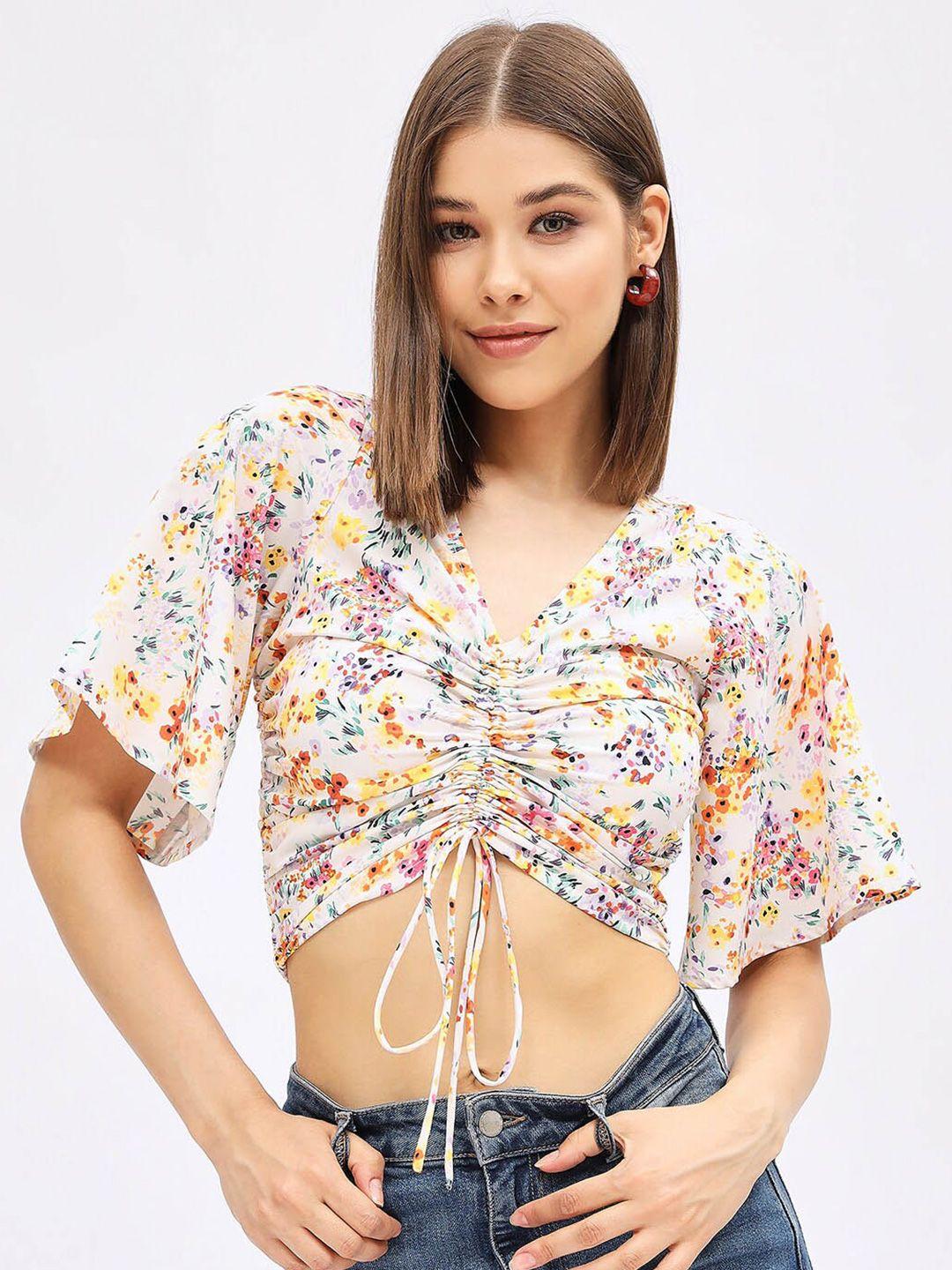 harpa floral printed flared sleeves crop ruched top