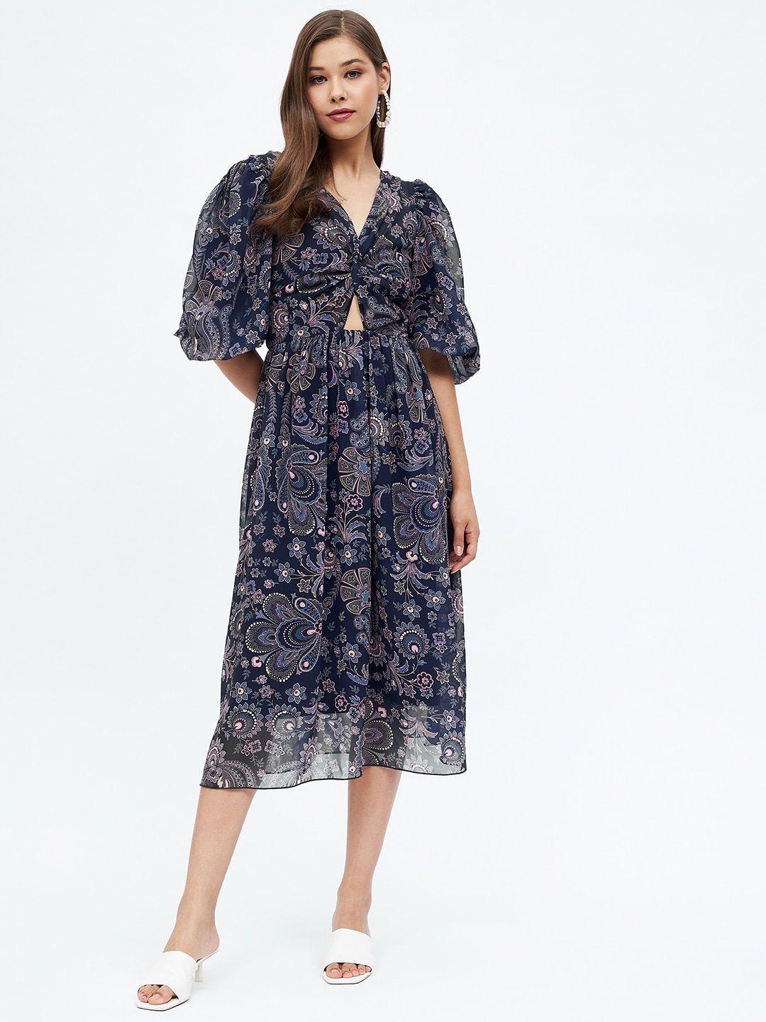 harpa floral printed gathered puff sleeves midi a-line dress