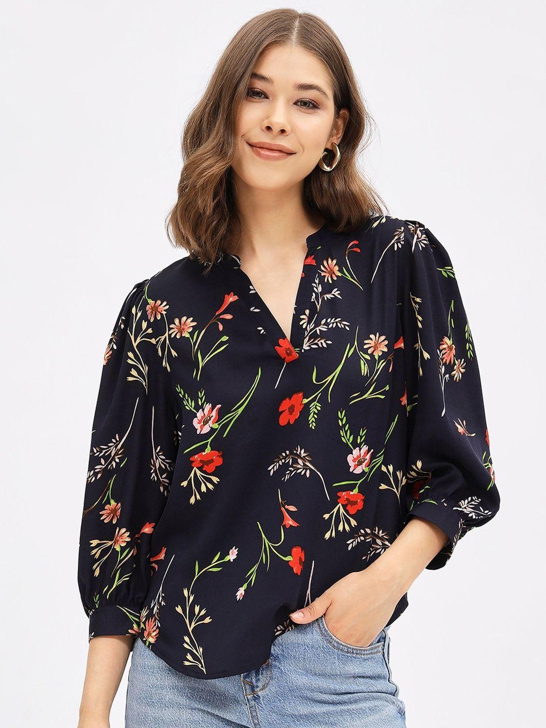 harpa floral printed mandarin collar puff sleeves top