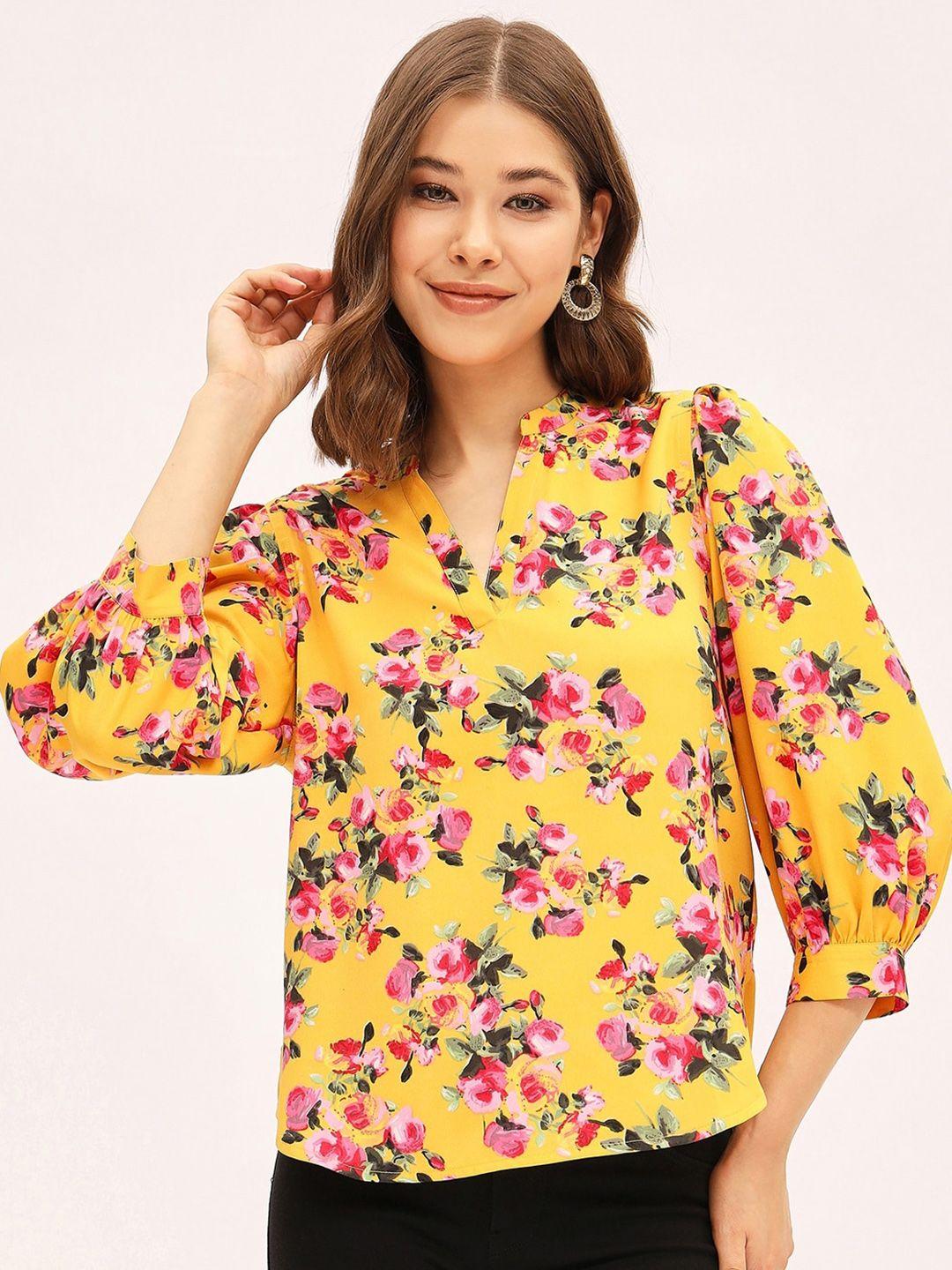 harpa floral printed mandarin collar puffed sleeves top