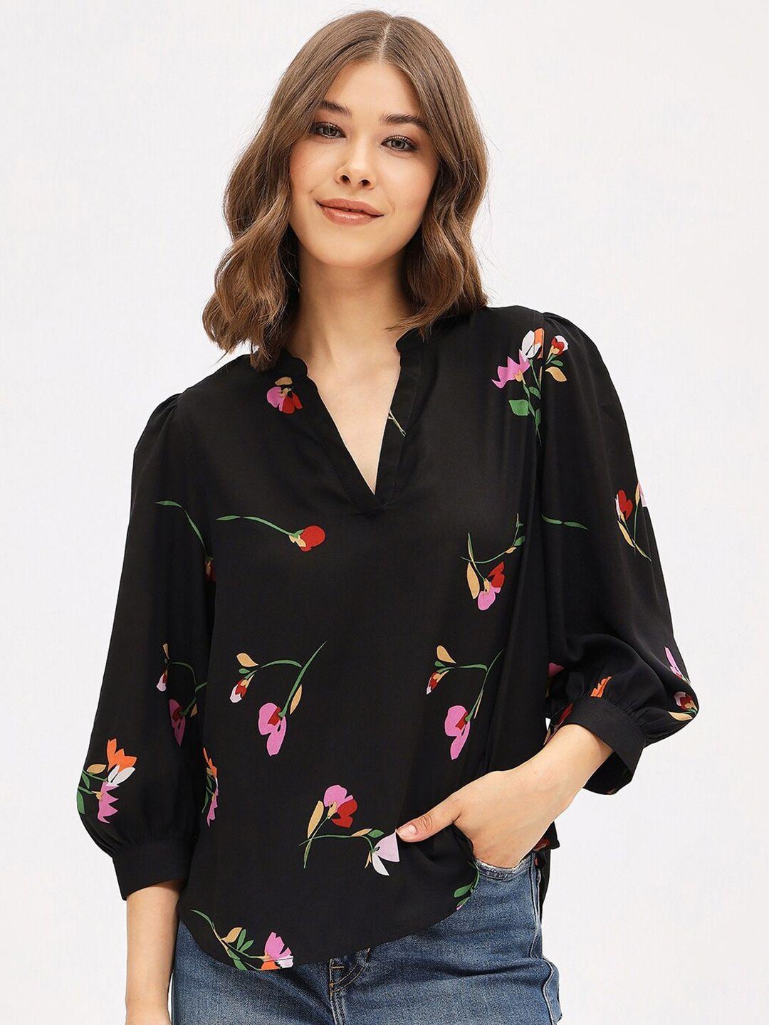 harpa floral printed mandarin collar puffed sleeves top