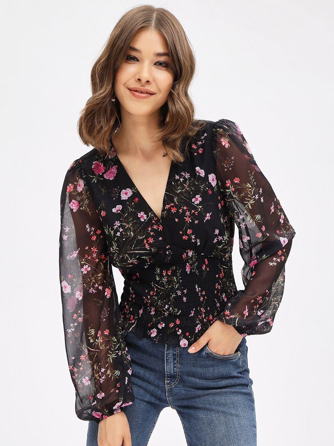 harpa floral printed puffed sleeves chiffon cinched waist top