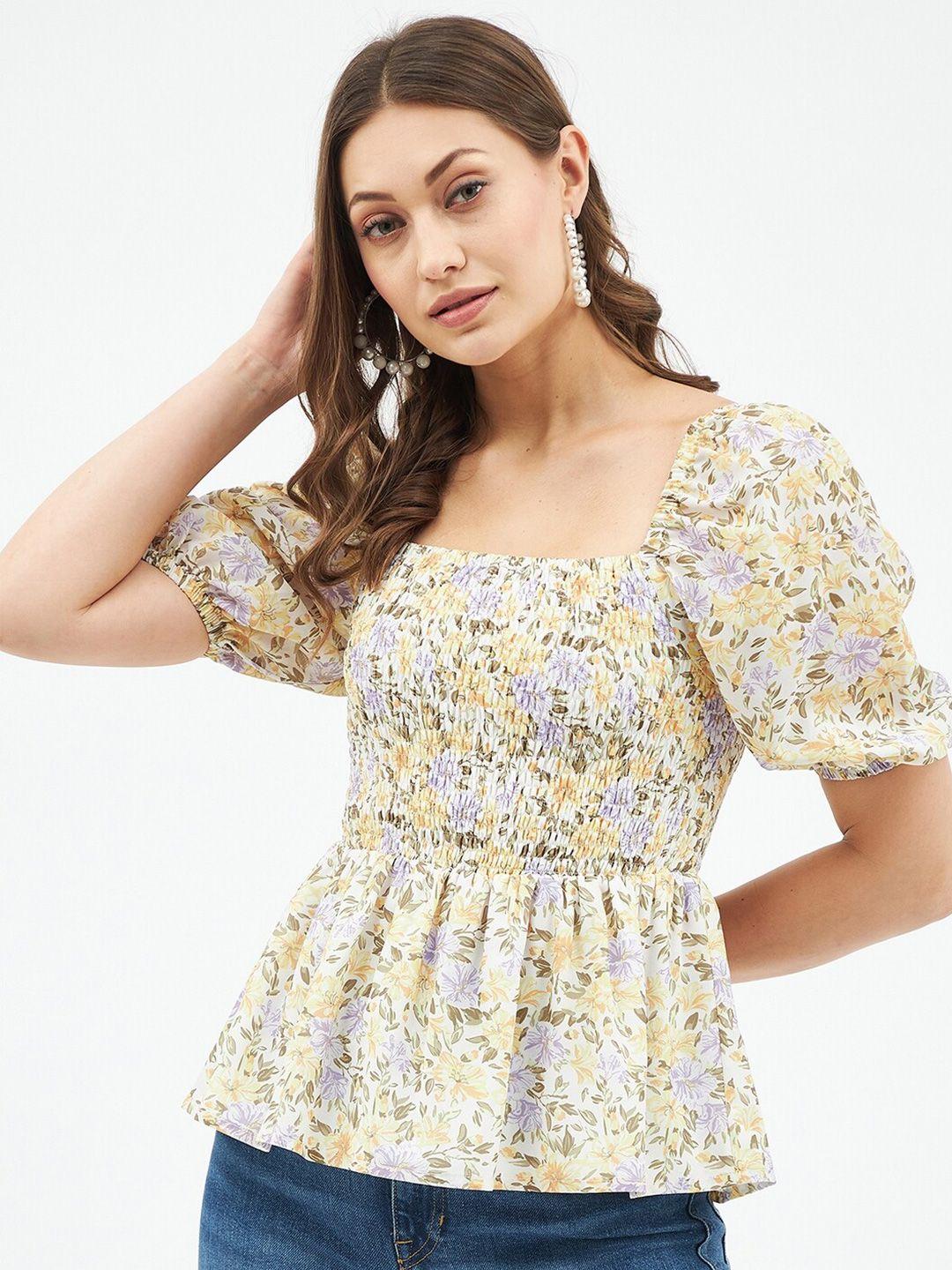 harpa floral printed smocked cinched waist top