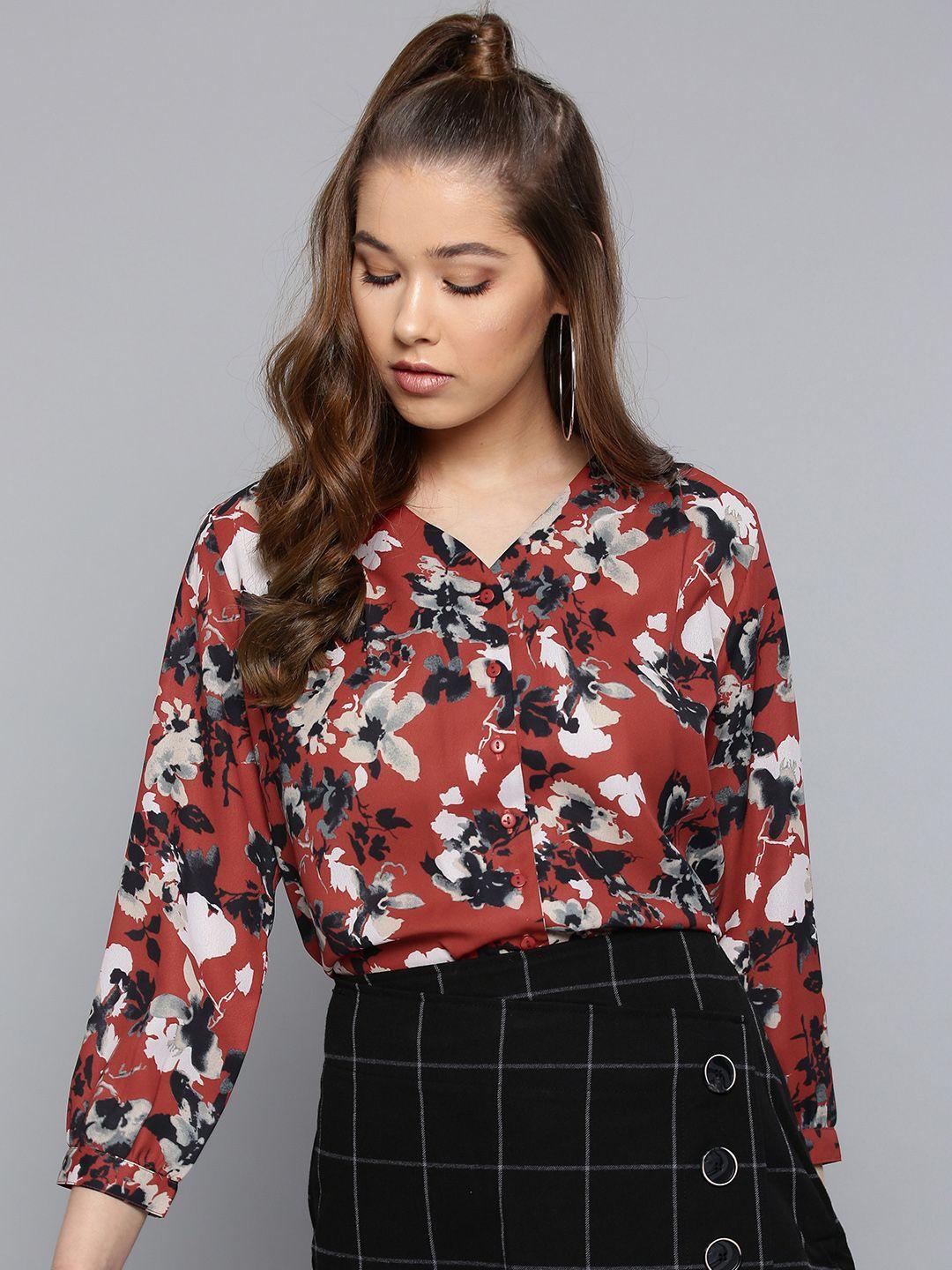 harpa rust brown floral puff sleeves top