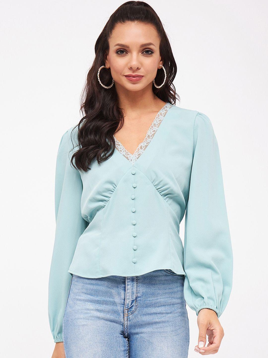 harpa turquoise v-neck puff sleeves top