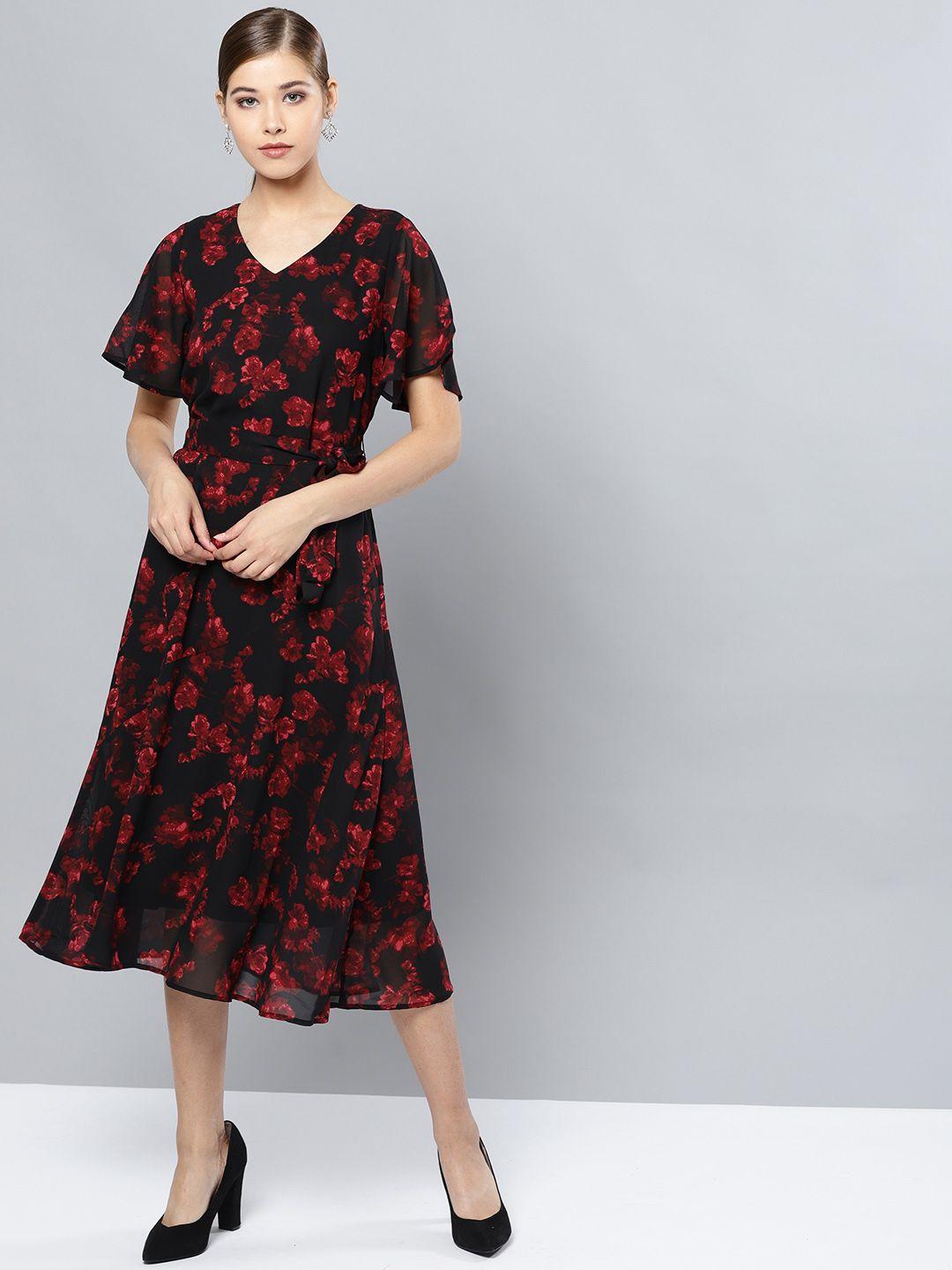 harpa women black & maroon printed a-line dress