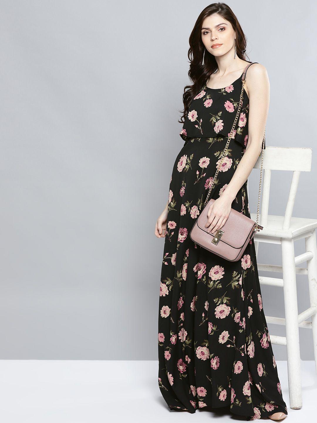 harpa women black & pink floral print layered maxi dress