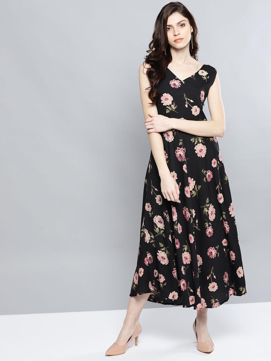 harpa women black & pink floral print maxi dress