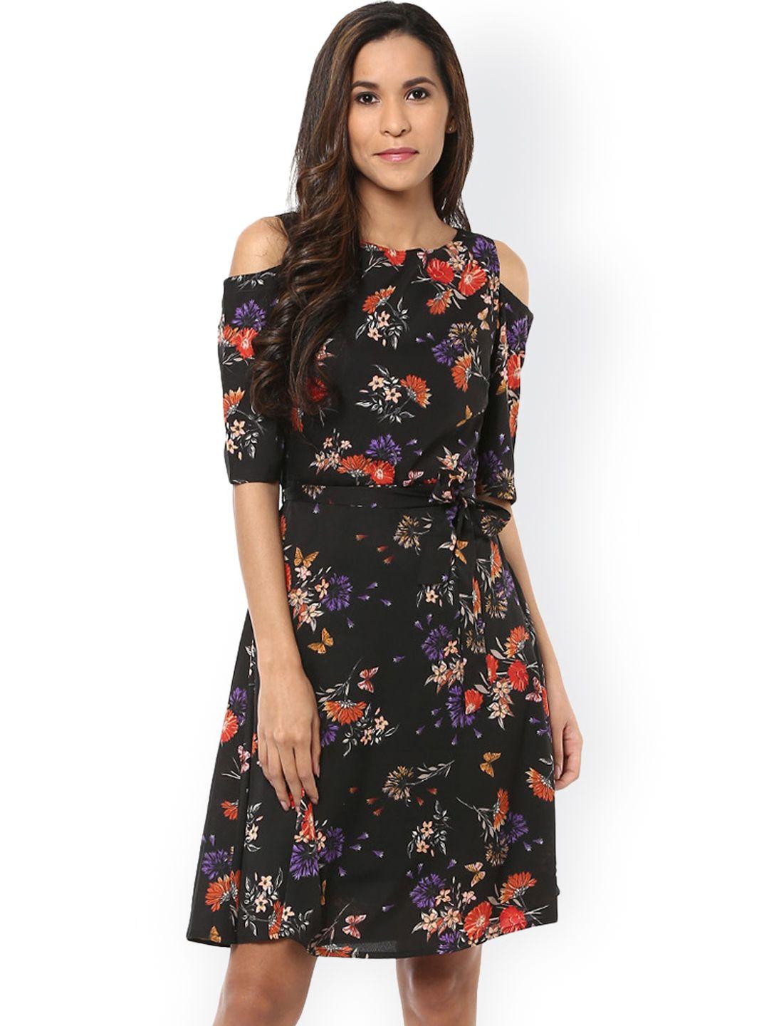 harpa women black floral print cold shoulder a-line dress