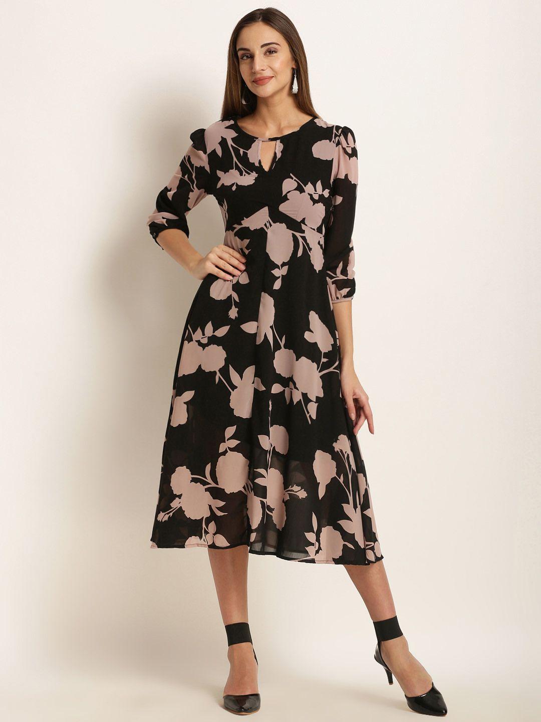 harpa women black floral print fit and flare dress