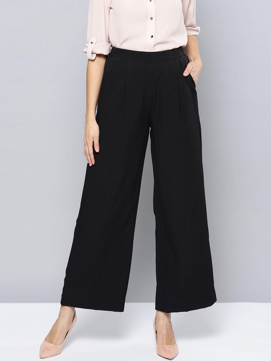harpa women black regular fit solid parallel trousers