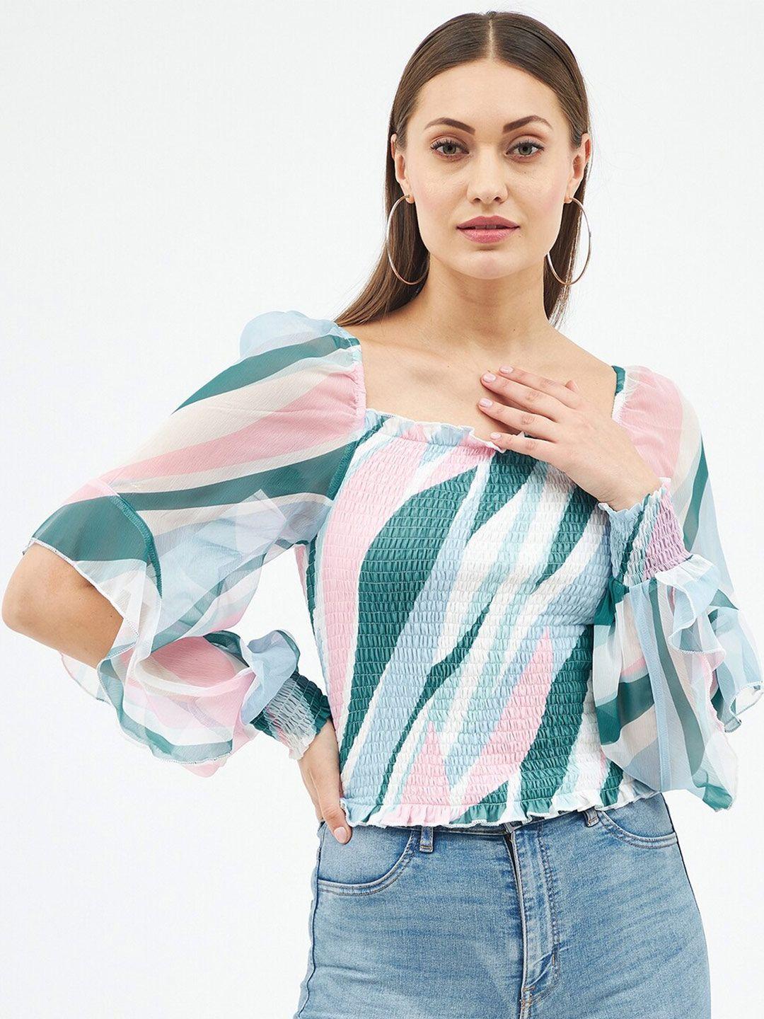 harpa women blue & green print smocked chiffon crop top