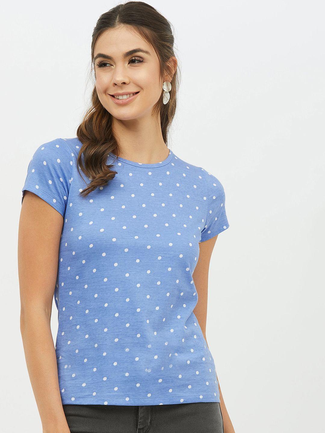 harpa women blue polka dot printed cotton round neck pure cotton t-shirt