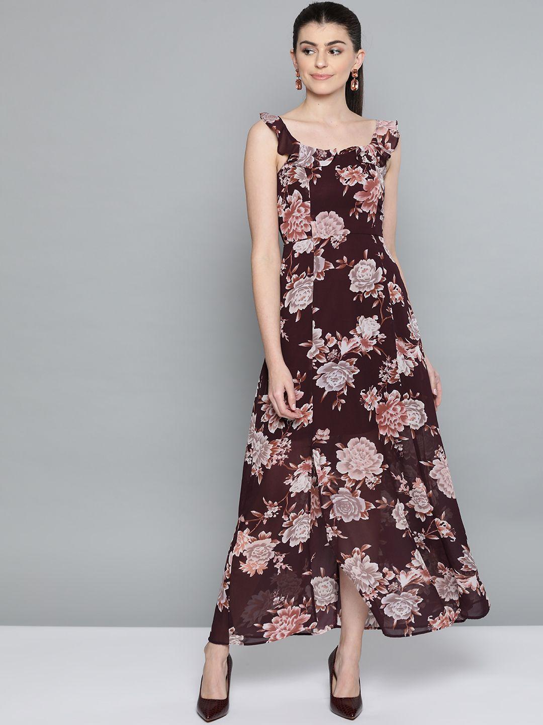 harpa women burgundy & peach-coloured floral printed maxi dress