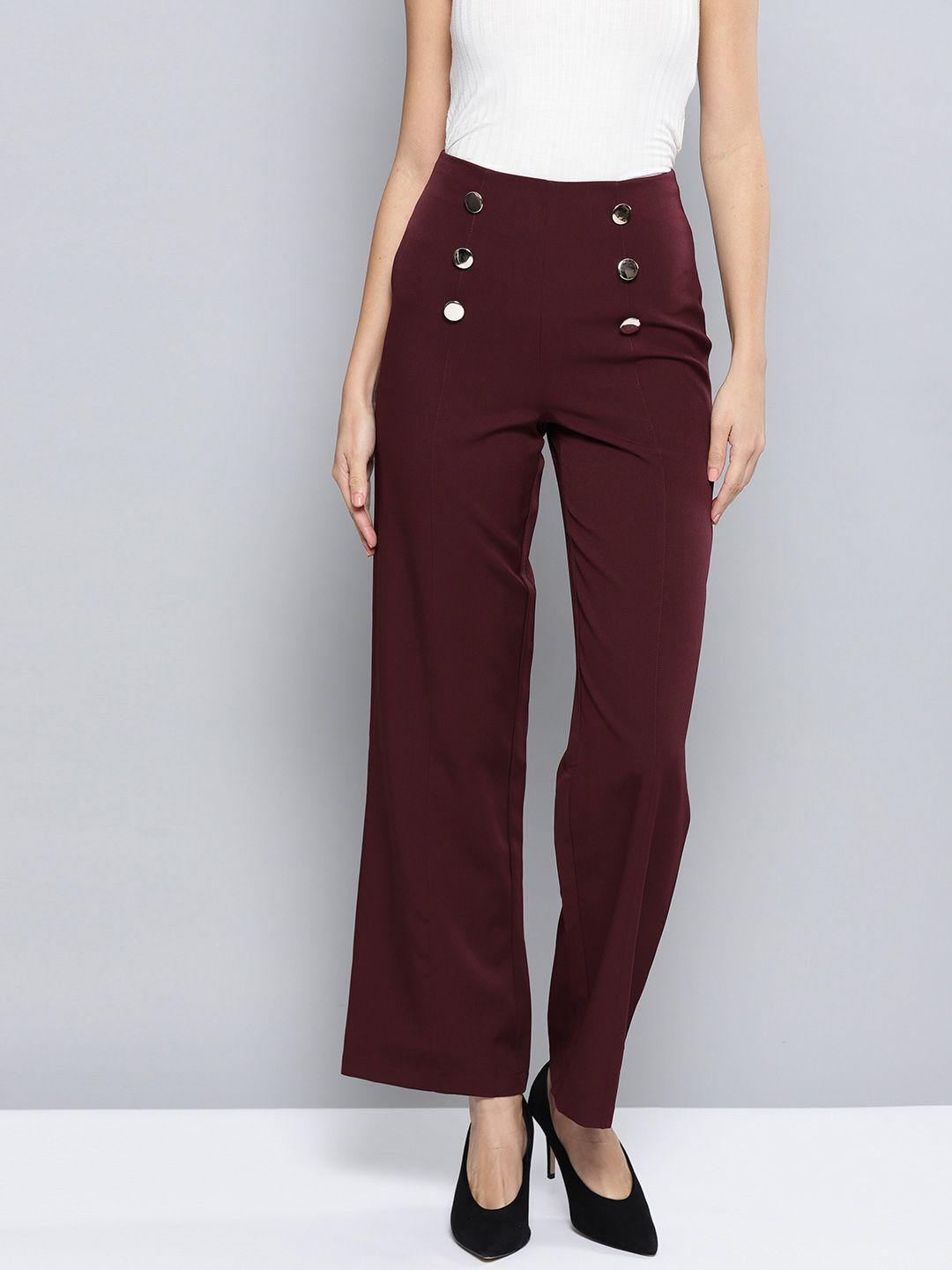 harpa women burgundy regular fit solid parallel trousers