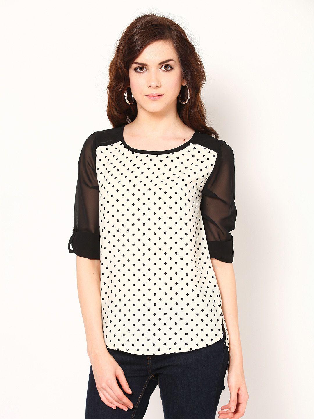 harpa women cream coloured & black polka dot printed top