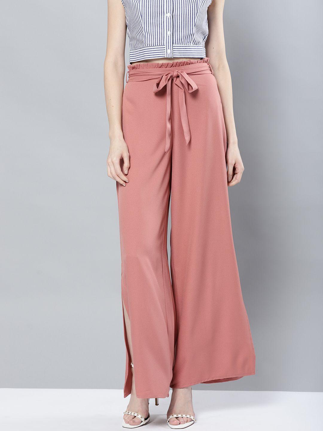 harpa women dusty pink regular fit solid parallel trousers